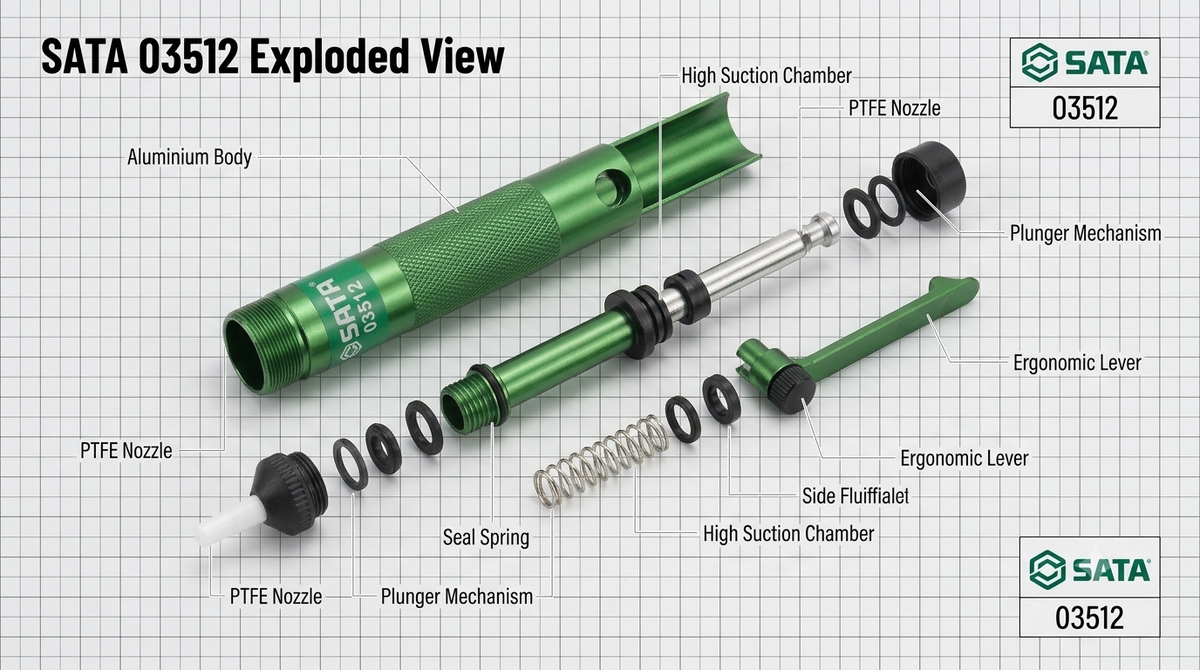 SATA 03512 aluminum desoldering pump with strong suction & PTFE nozzle. 03513 replacement tips (5pc) also available.