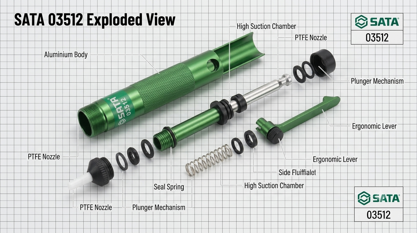 SATA 03512 aluminum desoldering pump with strong suction & PTFE nozzle. 03513 replacement tips (5pc) also available.