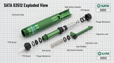 SATA 03512 aluminum desoldering pump with strong suction & PTFE nozzle. 03513 replacement tips (5pc) also available.
