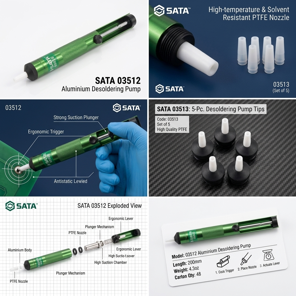 SATA 03512 aluminum desoldering pump with strong suction & PTFE nozzle. 03513 replacement tips (5pc) also available.