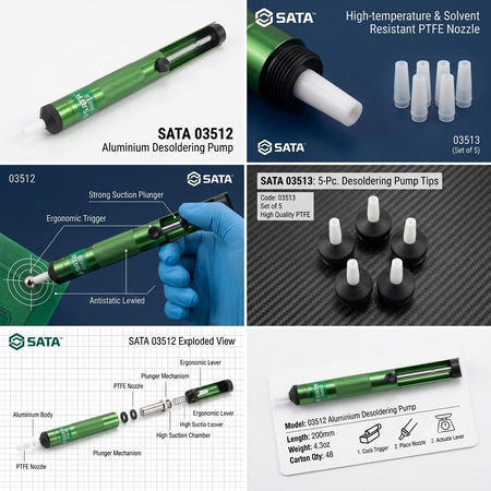 SATA 03512 aluminum desoldering pump with strong suction & PTFE nozzle. 03513 replacement tips (5pc) also available.
