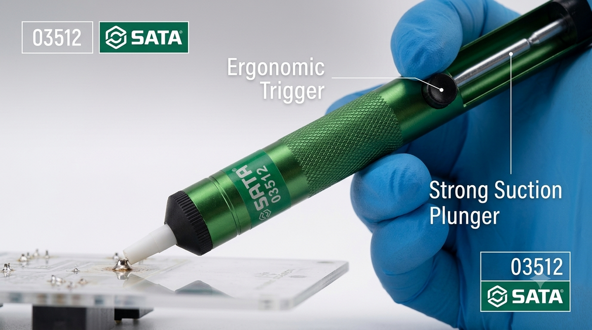 SATA 03512 aluminum desoldering pump with strong suction & PTFE nozzle. 03513 replacement tips (5pc) also available.