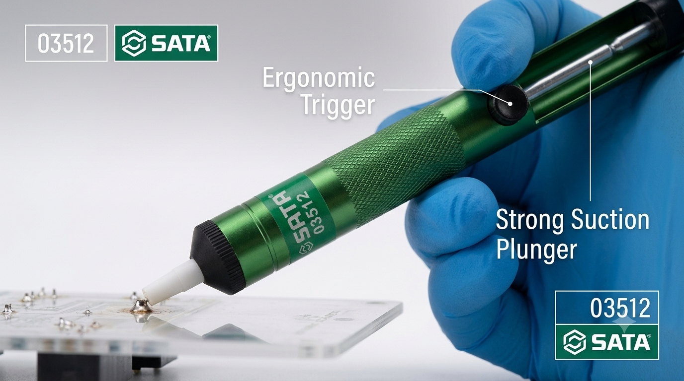 SATA 03512 aluminum desoldering pump with strong suction & PTFE nozzle. 03513 replacement tips (5pc) also available.