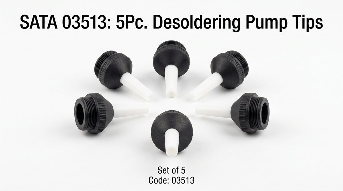 SATA 03512 aluminum desoldering pump with strong suction & PTFE nozzle. 03513 replacement tips (5pc) also available.