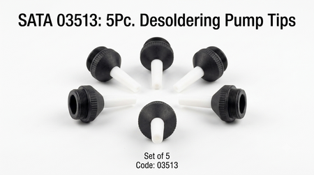 SATA 03512 aluminum desoldering pump with strong suction & PTFE nozzle. 03513 replacement tips (5pc) also available.