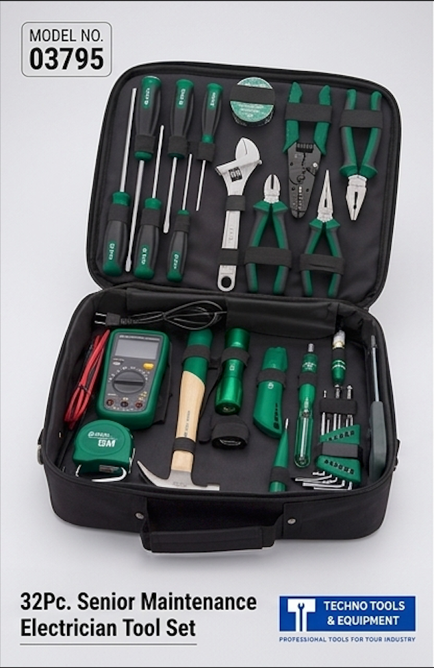 SATA 03795 32-pieces electrician tool set with multimeter, pliers, screwdrivers, soldering iron & more, all in a durable carry case.