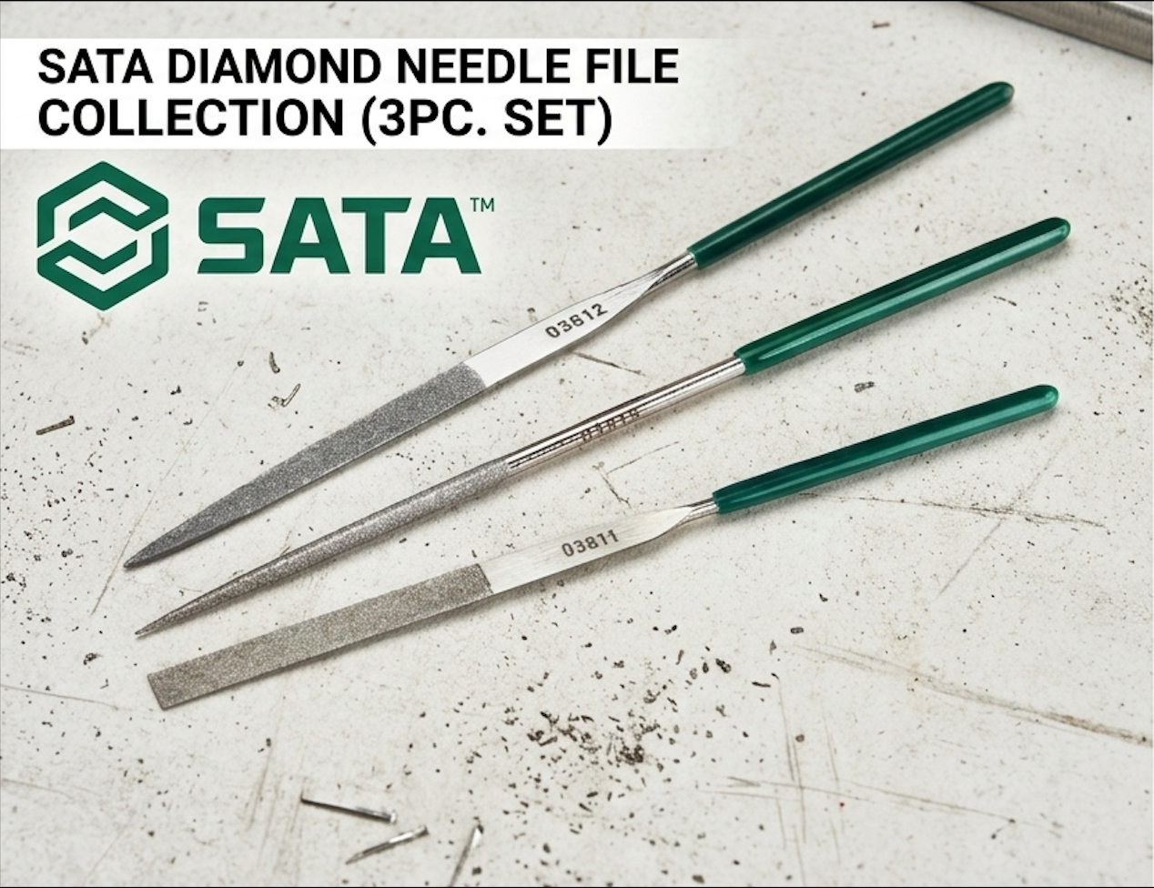 SATA diamond needle files, 3x140mm, D150 grit. Choose flat, pointed half round, or pointed round profiles for precision filing work.