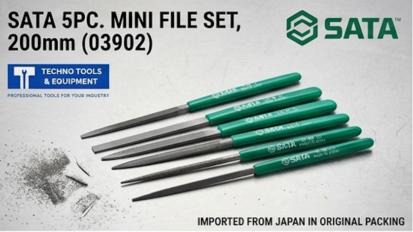 SATA 03902 5-piece mini file set, 200mm, imported from Japan. Flat, half round, square, round & three square second cut files.