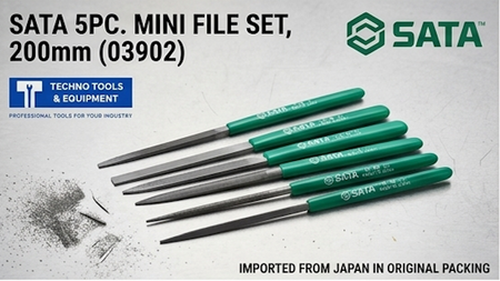 SATA 03902 5-piece mini file set, 200mm, imported from Japan. Flat, half round, square, round & three square second cut files.