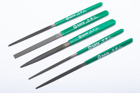 SATA 03902 5-piece mini file set, 200mm, imported from Japan. Flat, half round, square, round & three square second cut files.