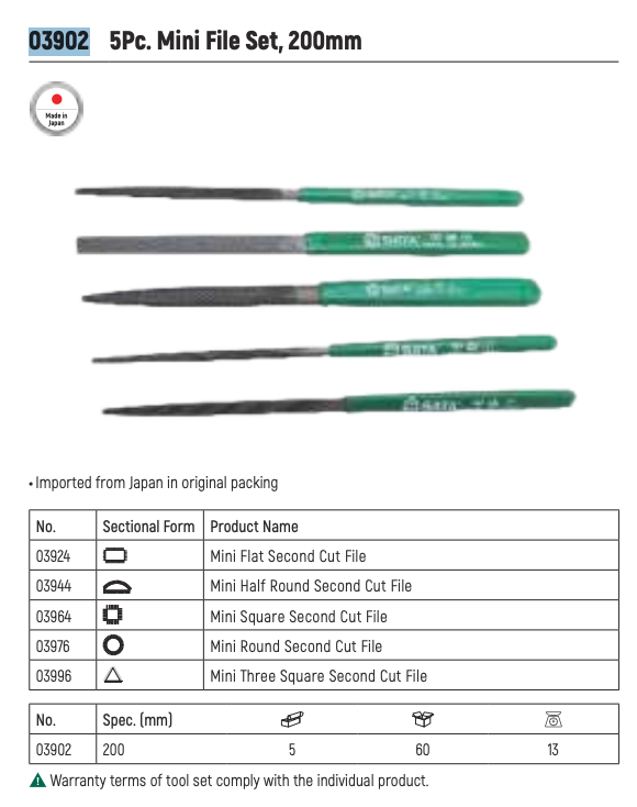 SATA 03902 5-piece mini file set, 200mm, imported from Japan. Flat, half round, square, round & three square second cut files.