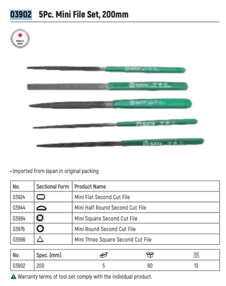 SATA 03902 5-piece mini file set, 200mm, imported from Japan. Flat, half round, square, round & three square second cut files.