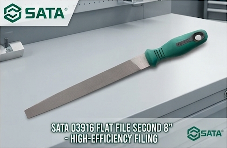 SATA 03916 flat file, second cut, 8", carbon tool steel with 63-66HRC hardness. Uniform teeth for efficient, precise filing work.