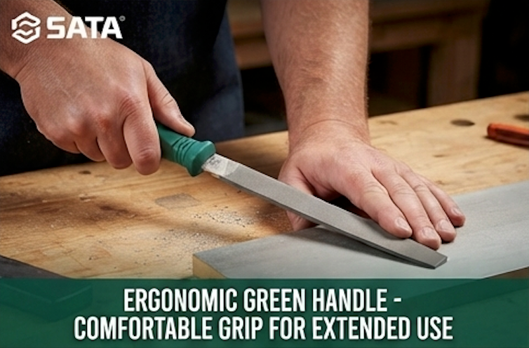 SATA 03916 flat file, second cut, 8", carbon tool steel with 63-66HRC hardness. Uniform teeth for efficient, precise filing work.