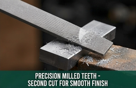 SATA 03916 flat file, second cut, 8", carbon tool steel with 63-66HRC hardness. Uniform teeth for efficient, precise filing work.