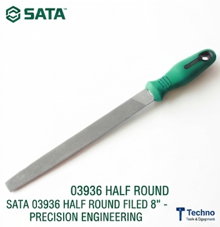 SATA 03936 half round file, second cut, 8", carbon tool steel with 63-66HRC hardness. Uniform teeth for efficient, precise filing.