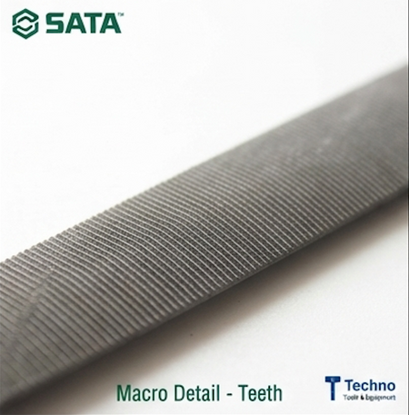 SATA 03936 half round file, second cut, 8", carbon tool steel with 63-66HRC hardness. Uniform teeth for efficient, precise filing.