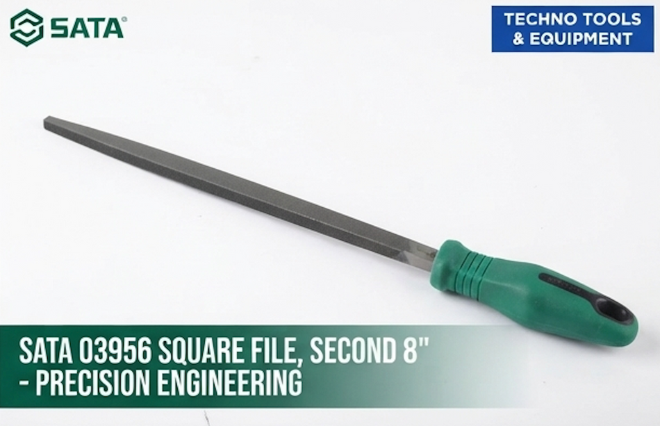 SATA 03956 square file, second cut, 8", carbon tool steel with 63-66HRC hardness. Uniform teeth for efficient, precise filing work.