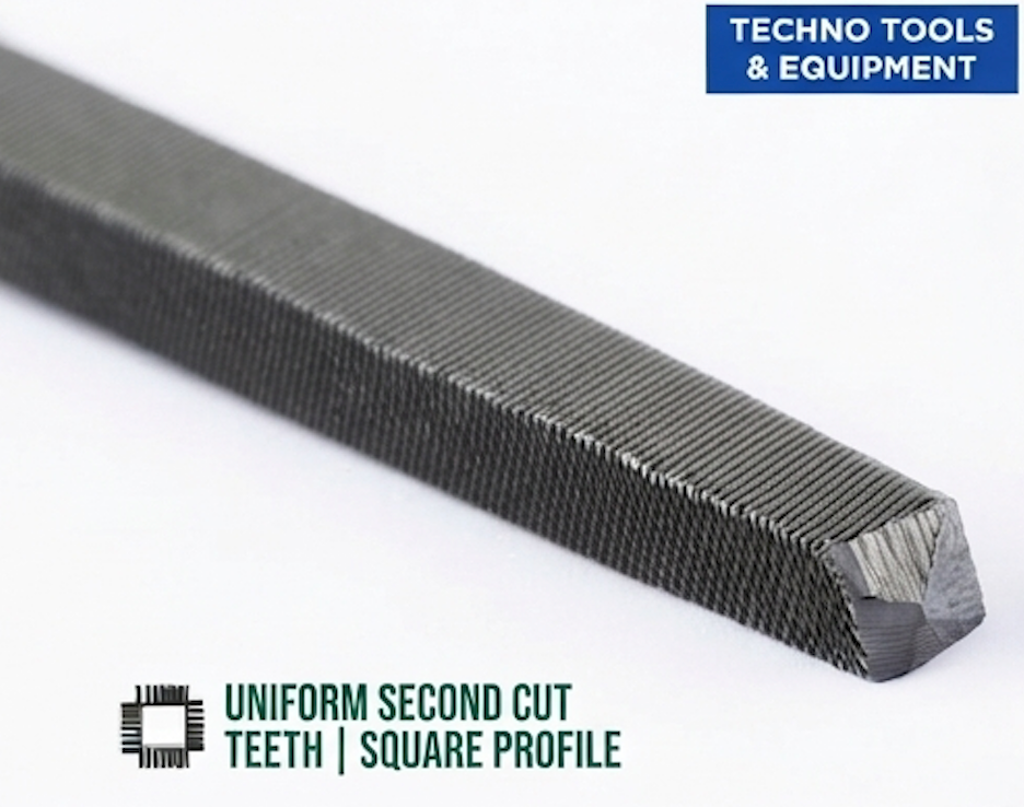 SATA 03956 square file, second cut, 8", carbon tool steel with 63-66HRC hardness. Uniform teeth for efficient, precise filing work.
