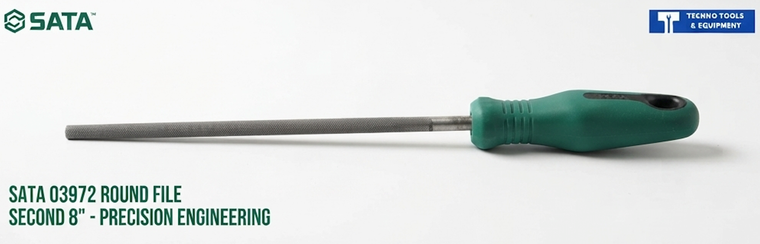 SATA 03972 round file, second cut, 8", carbon tool steel with 63-66HRC hardness. Uniform teeth for efficient, precise filing work.