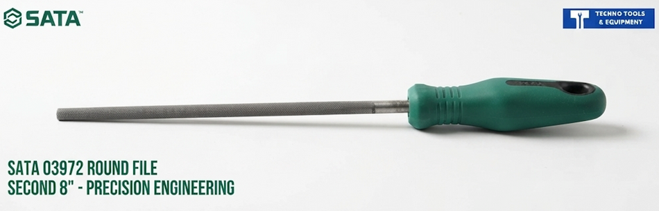 SATA 03972 round file, second cut, 8", carbon tool steel with 63-66HRC hardness. Uniform teeth for efficient, precise filing work.