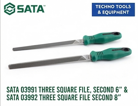 SATA three square second cut files, carbon tool steel, 63-66HRC hardness. Available in 6" or 8" for precise triangular filing work.