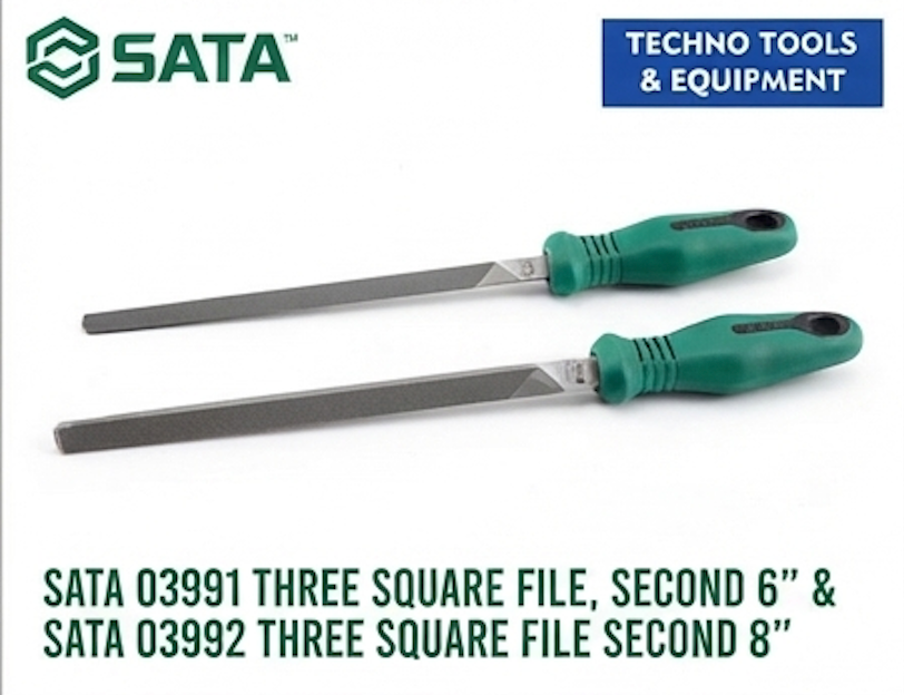 SATA three square second cut files, carbon tool steel, 63-66HRC hardness. Available in 6" or 8" for precise triangular filing work.