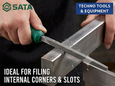 SATA three square second cut files, carbon tool steel, 63-66HRC hardness. Available in 6" or 8" for precise triangular filing work.