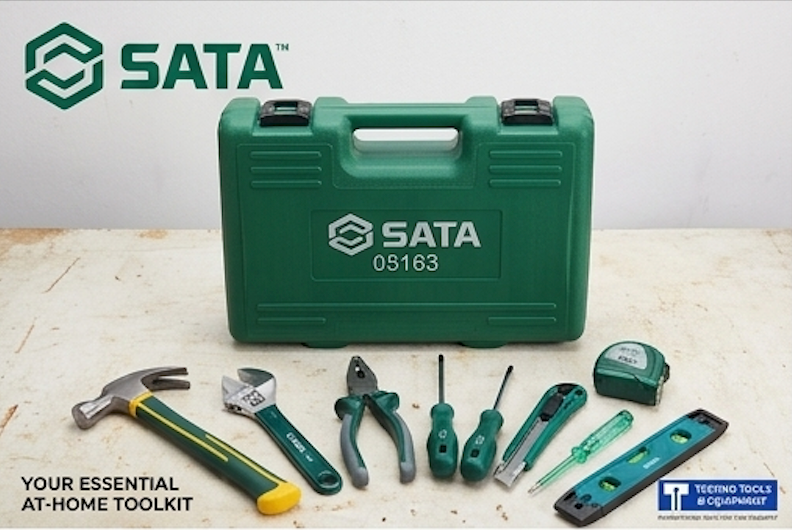 SATA 05163 19-piece household tool set with hammer, pliers, wrench, hex keys, voltage tester & more in a durable carry case.
