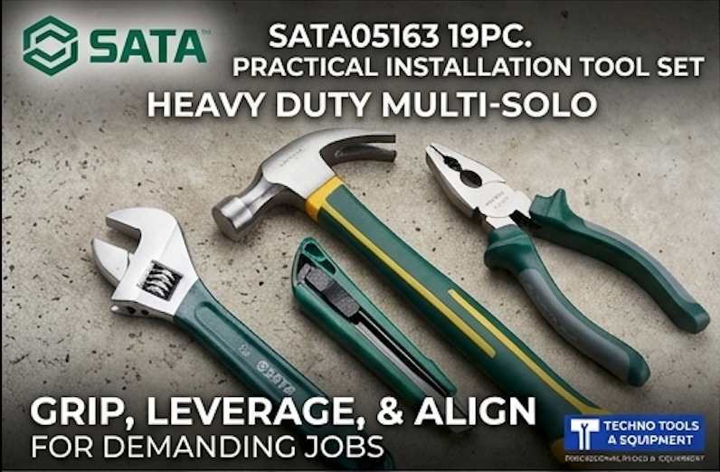 SATA 05163 19-piece household tool set with hammer, pliers, wrench, hex keys, voltage tester & more in a durable carry case.