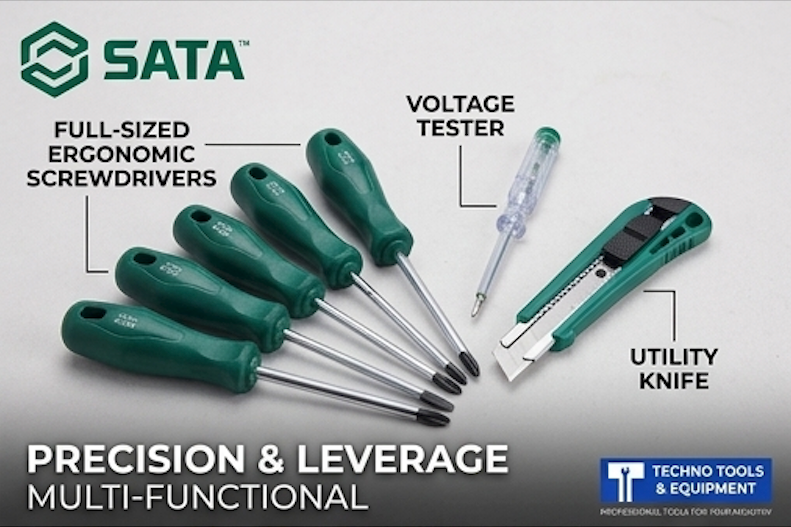 SATA 05163 19-piece household tool set with hammer, pliers, wrench, hex keys, voltage tester & more in a durable carry case.