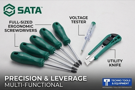 SATA 05163 19-piece household tool set with hammer, pliers, wrench, hex keys, voltage tester & more in a durable carry case.