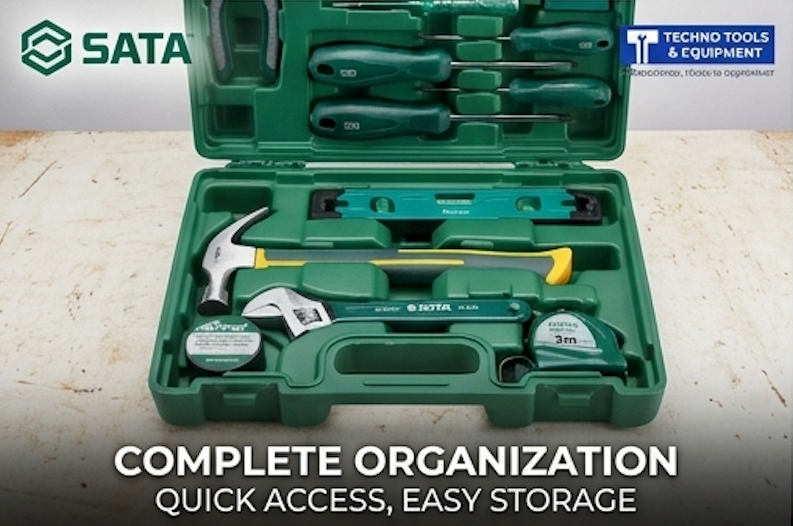 SATA 05163 19-piece household tool set with hammer, pliers, wrench, hex keys, voltage tester & more in a durable carry case.