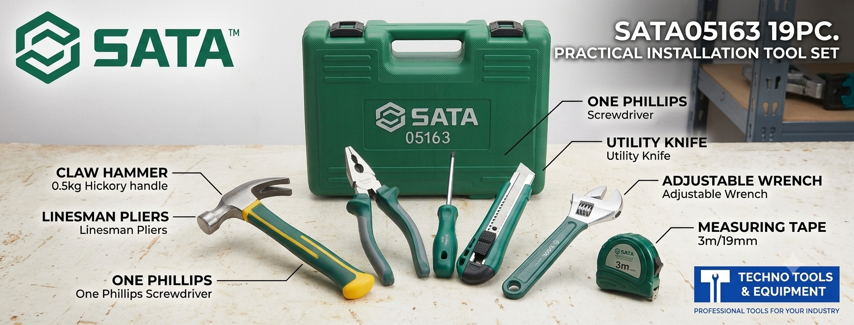 SATA 05163 19-piece household tool set with hammer, pliers, wrench, hex keys, voltage tester & more in a durable carry case.