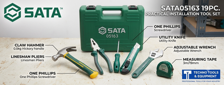 SATA 05163 19-piece household tool set with hammer, pliers, wrench, hex keys, voltage tester & more in a durable carry case.