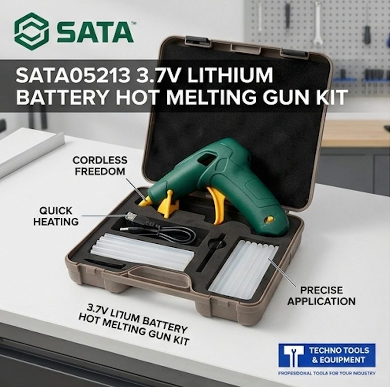 SATA 05213 cordless lithium-ion hot melt glue gun, 45min runtime, USB-C charging, 150-165°C control. Ideal for crafts & repairs.