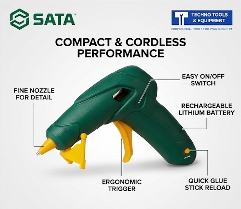 SATA 05213 cordless lithium-ion hot melt glue gun, 45min runtime, USB-C charging, 150-165°C control. Ideal for crafts & repairs.