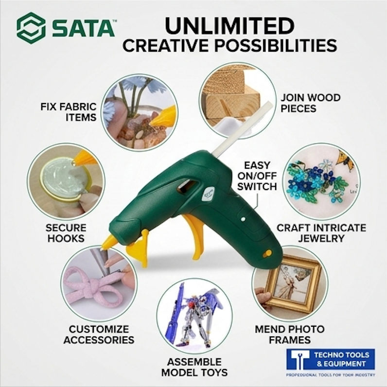 SATA 05213 cordless lithium-ion hot melt glue gun, 45min runtime, USB-C charging, 150-165°C control. Ideal for crafts & repairs.