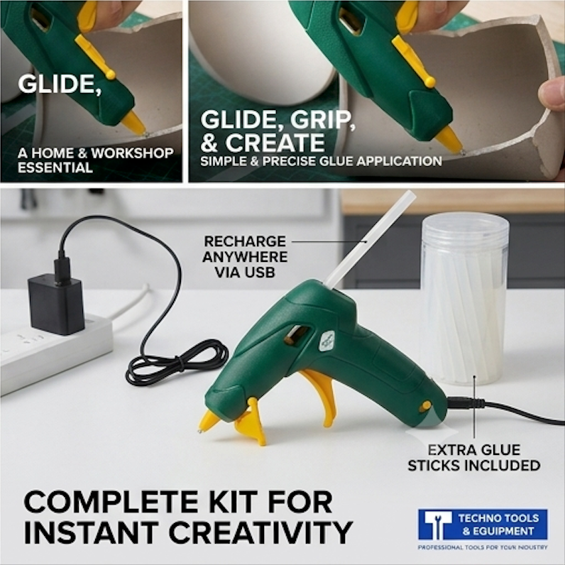 SATA 05213 cordless lithium-ion hot melt glue gun, 45min runtime, USB-C charging, 150-165°C control. Ideal for crafts & repairs.