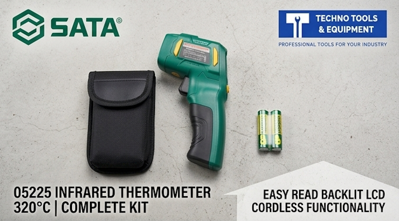 SATA 05225 non-contact infrared thermometer, -20°C to 320°C, laser targeting, data hold & high/low alarms for safe temp diagnostics.