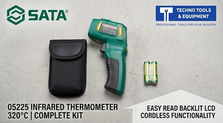 SATA 05225 non-contact infrared thermometer, -20°C to 320°C, laser targeting, data hold & high/low alarms for safe temp diagnostics.
