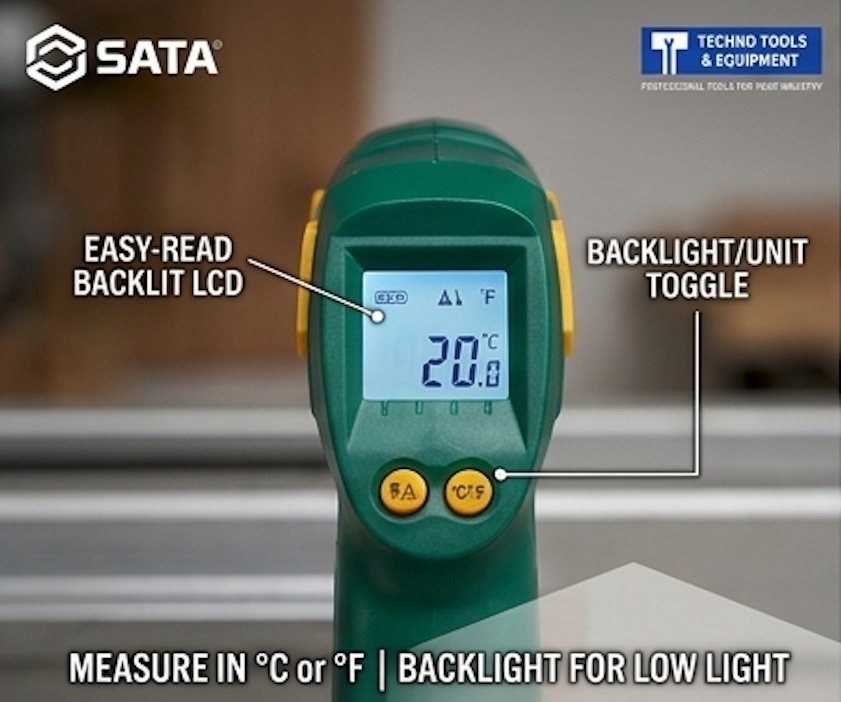 SATA 05225 non-contact infrared thermometer, -20°C to 320°C, laser targeting, data hold & high/low alarms for safe temp diagnostics.