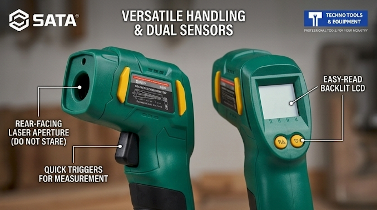 SATA 05225 non-contact infrared thermometer, -20°C to 320°C, laser targeting, data hold & high/low alarms for safe temp diagnostics.
