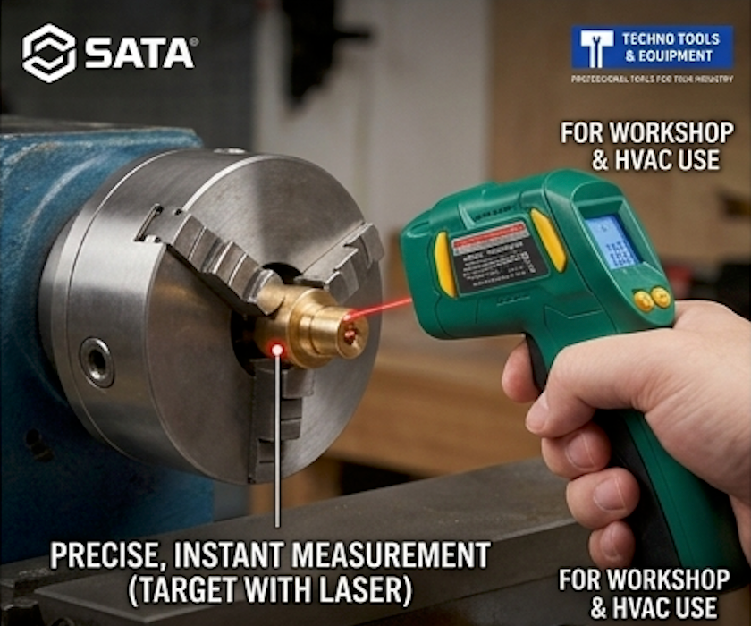 SATA 05225 non-contact infrared thermometer, -20°C to 320°C, laser targeting, data hold & high/low alarms for safe temp diagnostics.