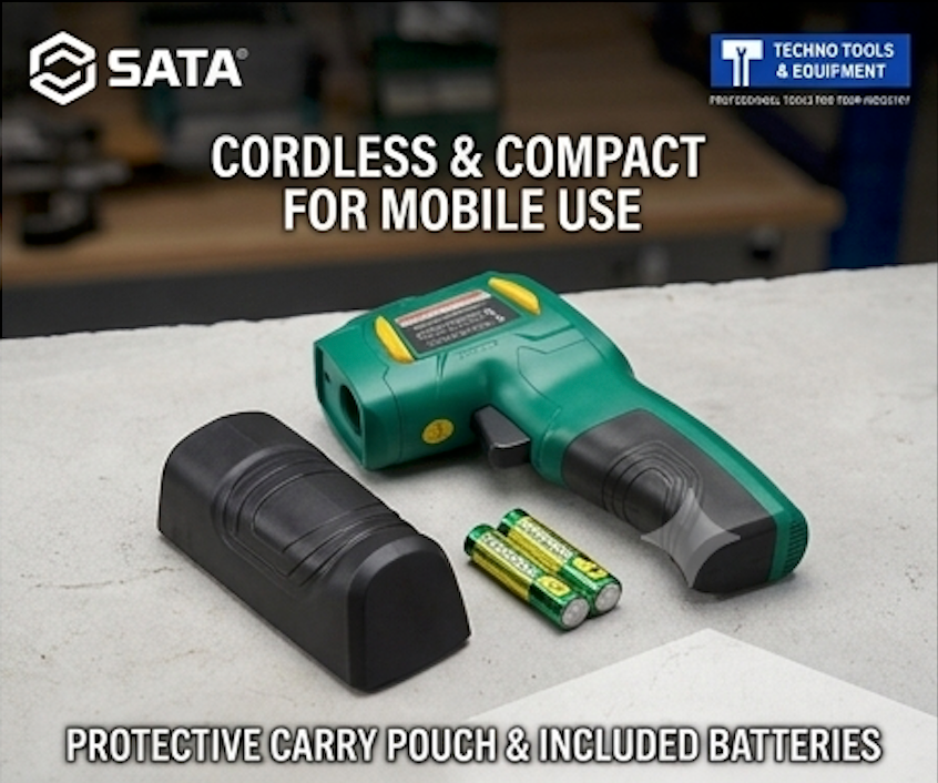 SATA 05225 non-contact infrared thermometer, -20°C to 320°C, laser targeting, data hold & high/low alarms for safe temp diagnostics.