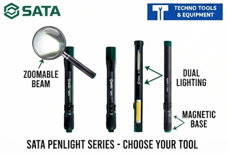 SATA penlight series: zoomable spot/flood beam or magnetic dual-source lighting, with dry-cell or lithium-ion power for tight spaces.