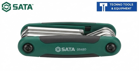 SATA 05480 8-piece folding hex key set, metric 1.5-8mm, card-slot handle, alloy steel construction with chamfered drive tips.
