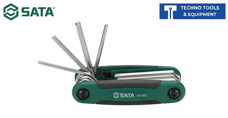 SATA 05480 8-piece folding hex key set, metric 1.5-8mm, card-slot handle, alloy steel construction with chamfered drive tips.