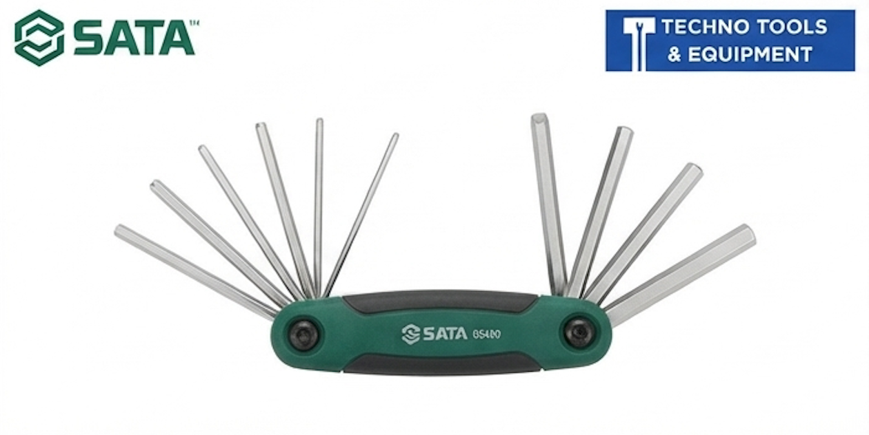 SATA 05480 8-piece folding hex key set, metric 1.5-8mm, card-slot handle, alloy steel construction with chamfered drive tips.