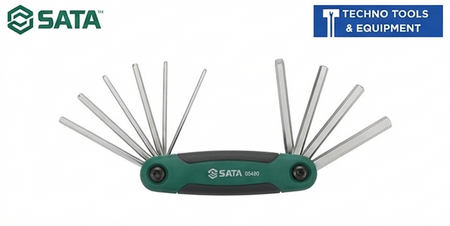 SATA 05480 8-piece folding hex key set, metric 1.5-8mm, card-slot handle, alloy steel construction with chamfered drive tips.